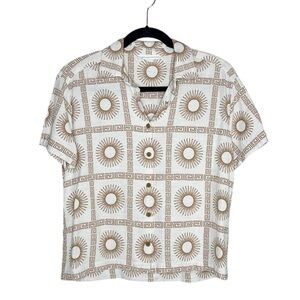 Jane + Delancey Linen Blend cream and brown Sunburst Print Top size Small